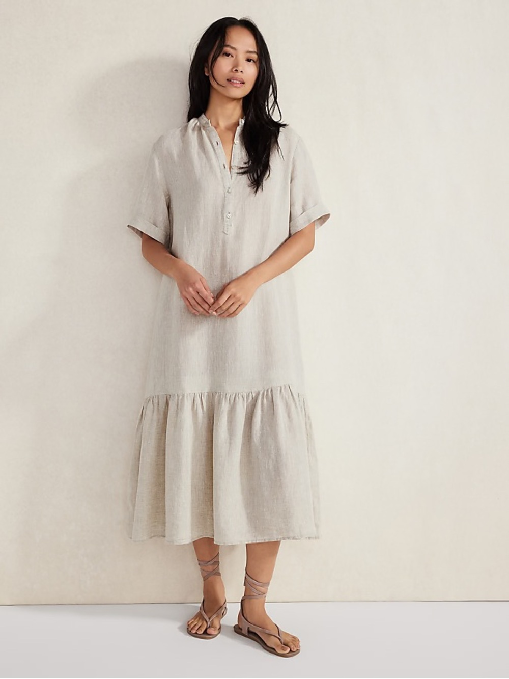 Haven Well Within Linen Tiered Midi Dress Thyme Oatmeal L